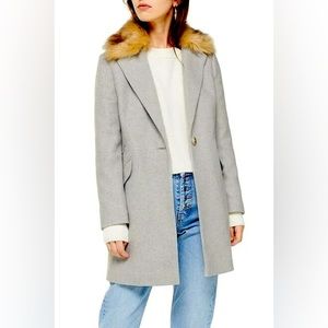 NWT Topshop Grey Fur Collar Over Coat Jacket Size 8 Medium